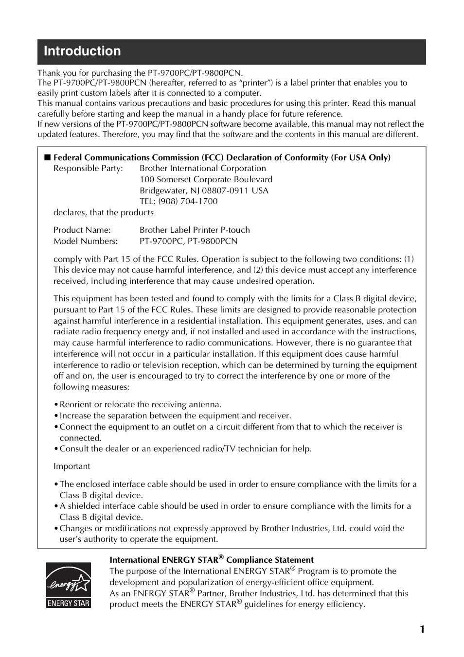 Introduction | Brother PT-9700PC User Manual | Page 2 / 118