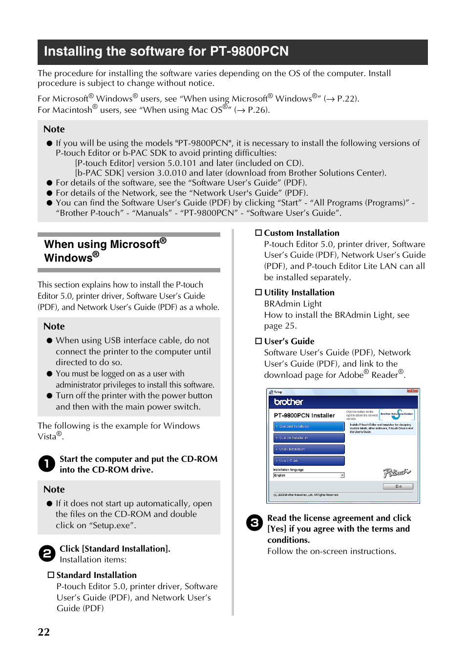 Installing the software for pt-9800pcn, When using microsoft® windows, When using microsoft | Installing the software for pt, 9800pcn, P.22), Windows | Brother PT-9700PC User Manual | Page 23 / 118