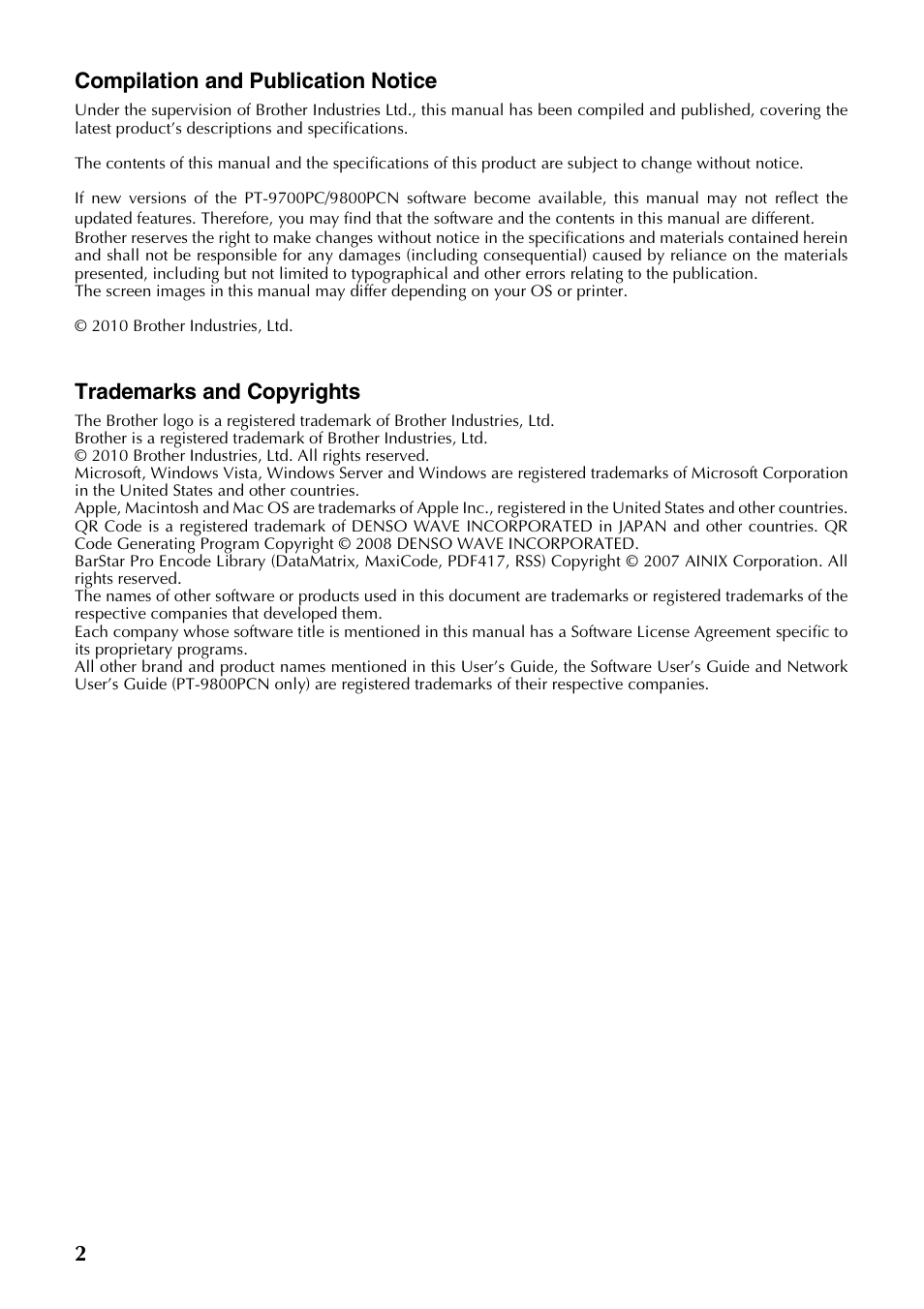 2compilation and publication notice, Trademarks and copyrights | Brother PT-9700PC User Manual | Page 3 / 118