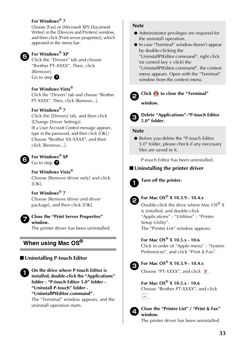 When using mac os, P.33), Uninstalling p-touch editor | Uninstalling the printer driver | Brother PT-9700PC User Manual | Page 34 / 118