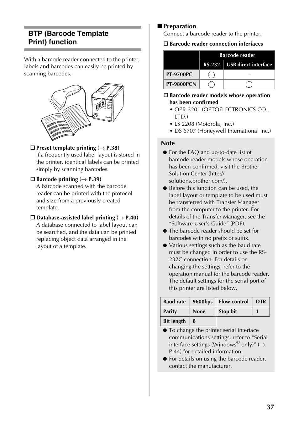 Btp (barcode template print) function, E “btp (barcode template print) function, P.37) | 37 btp (barcode template print) function | Brother PT-9700PC User Manual | Page 38 / 118