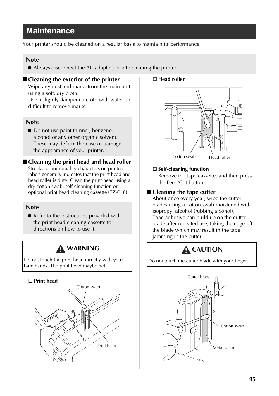 Maintenance, Warning, Caution | Brother PT-9700PC User Manual | Page 46 / 118