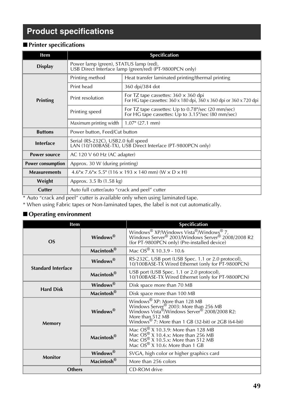 Product specifications, Printer specifications, Operating environment | Brother PT-9700PC User Manual | Page 50 / 118