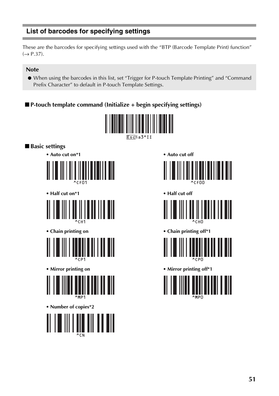 List of barcodes for specifying settings, P.51), 51 list of barcodes for specifying settings | Brother PT-9700PC User Manual | Page 52 / 118