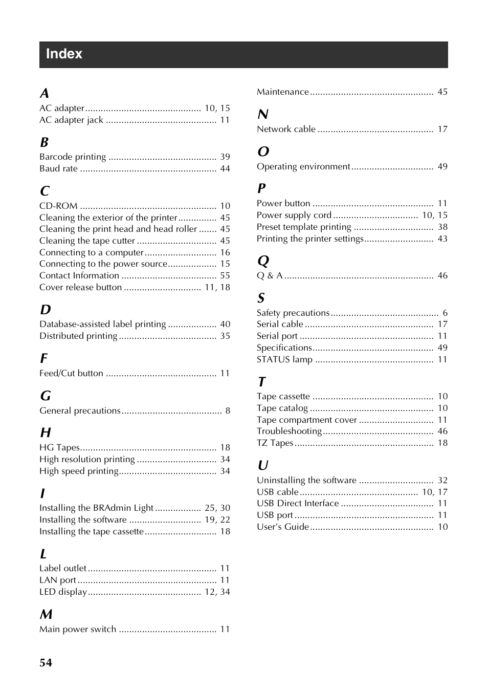 Index, Index a | Brother PT-9700PC User Manual | Page 55 / 118