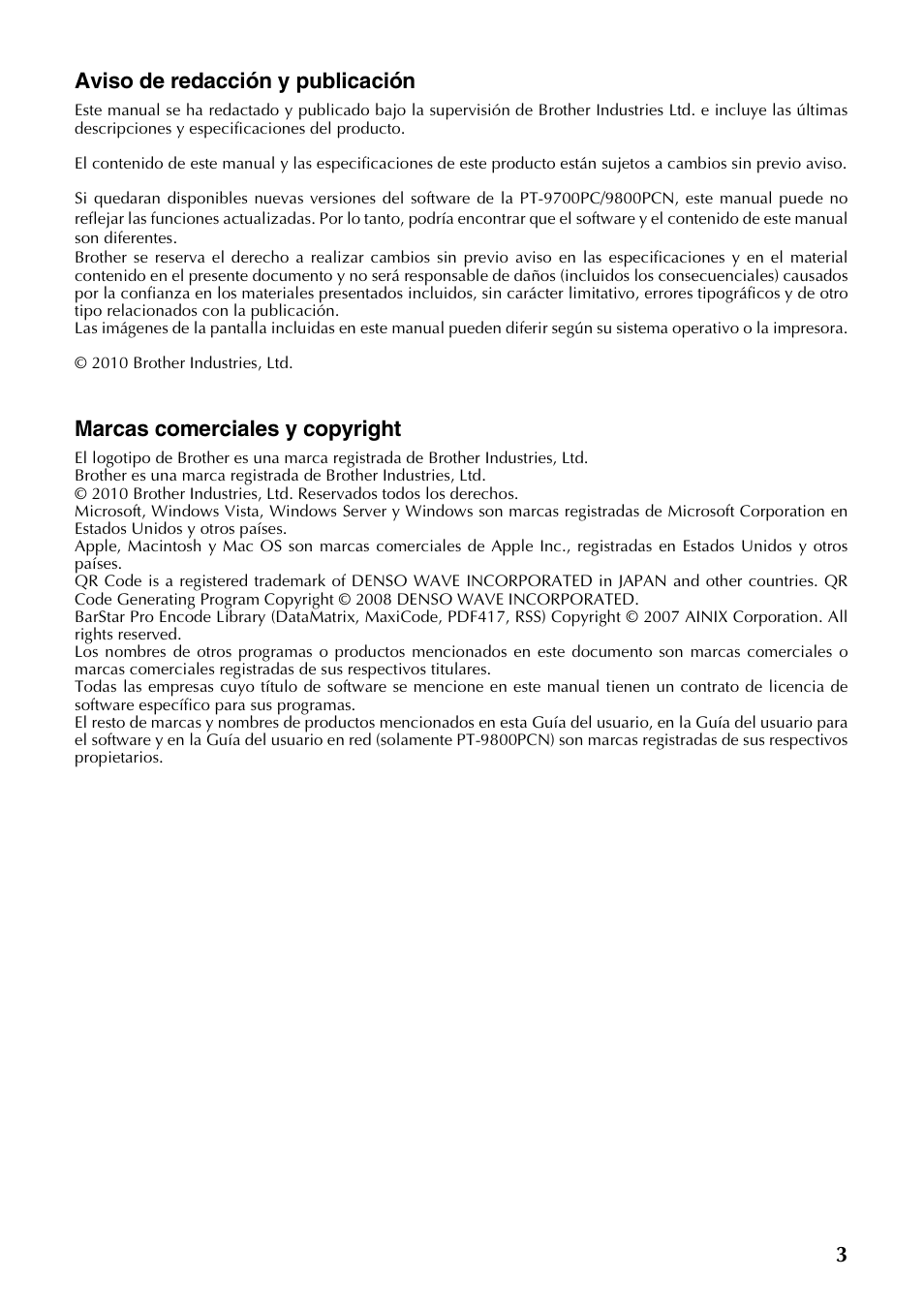 3aviso de redacción y publicación, Marcas comerciales y copyright | Brother PT-9700PC User Manual | Page 60 / 118