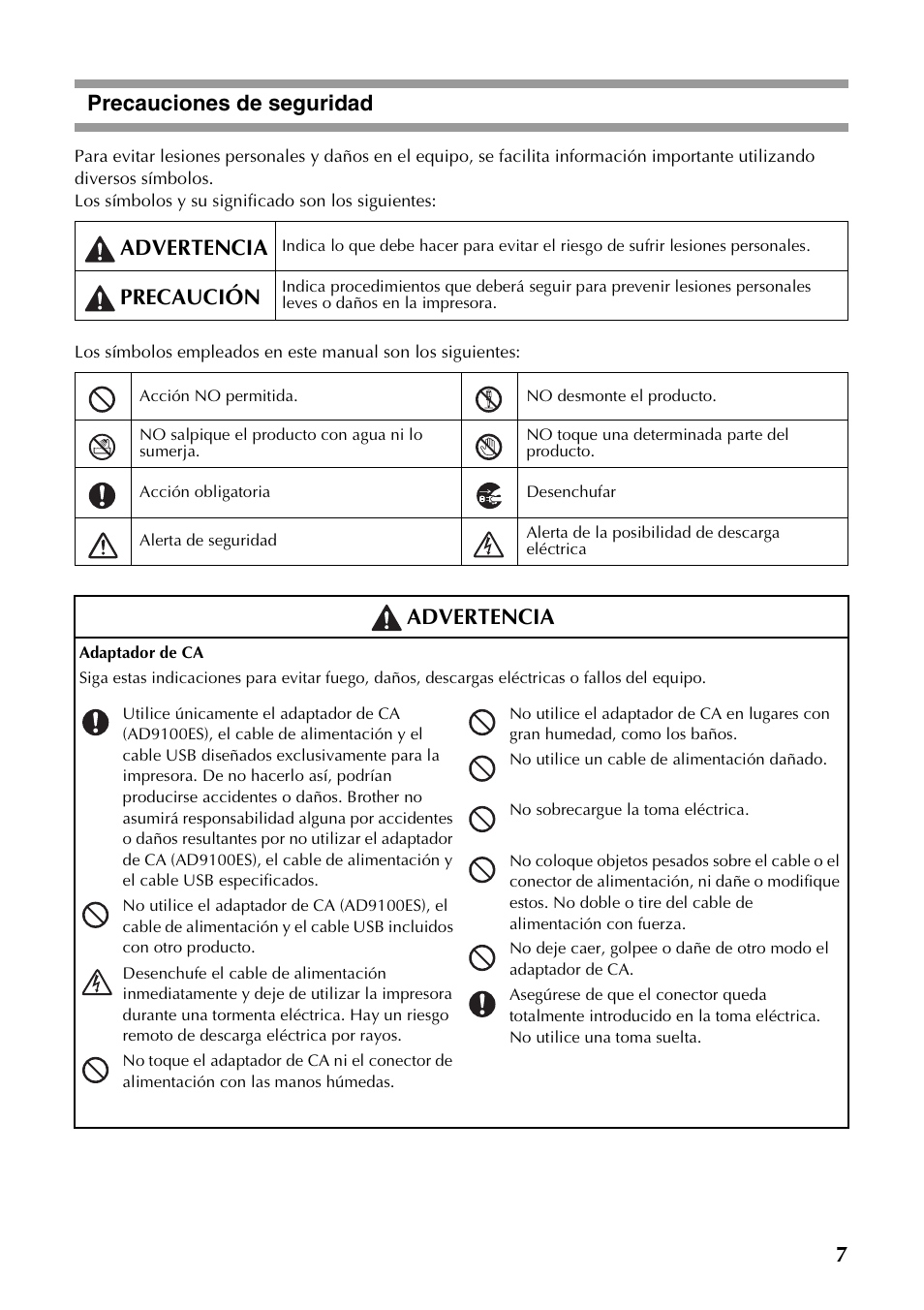 Precauciones de seguridad, 7precauciones de seguridad, Advertencia | Precaución | Brother PT-9700PC User Manual | Page 64 / 118