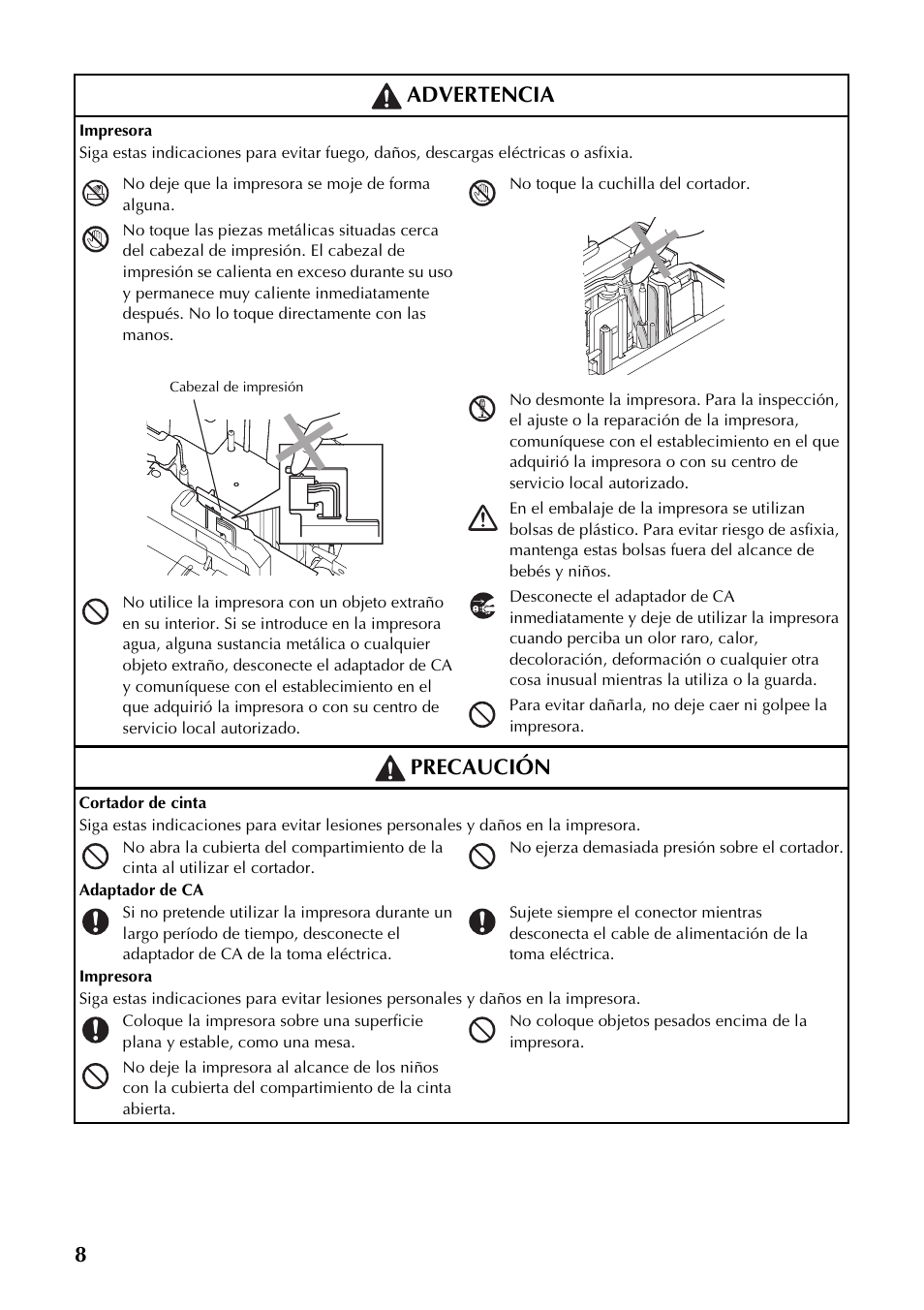 Precaución, Advertencia | Brother PT-9700PC User Manual | Page 65 / 118