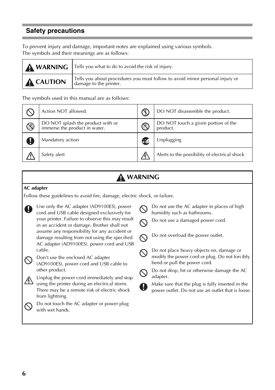 Safety precautions, 6safety precautions, Warning | Caution | Brother PT-9700PC User Manual | Page 7 / 118
