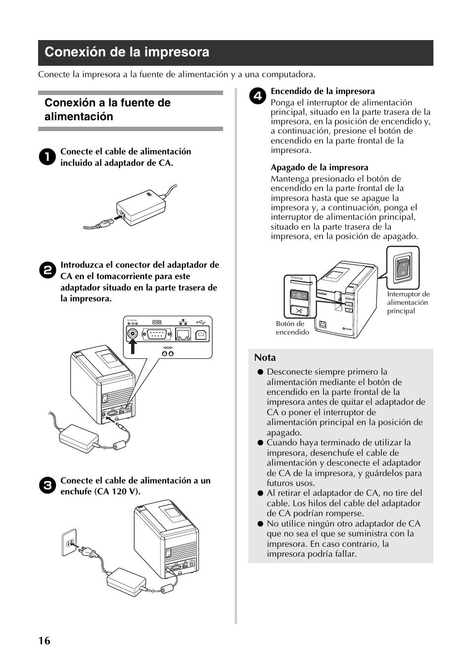 Conexión de la impresora, Conexión a la fuente de alimentación, P.16) | Nota | Brother PT-9700PC User Manual | Page 73 / 118