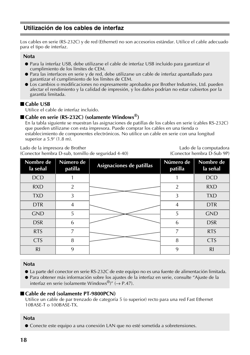 Utilización de los cables de interfaz | Brother PT-9700PC User Manual | Page 75 / 118
