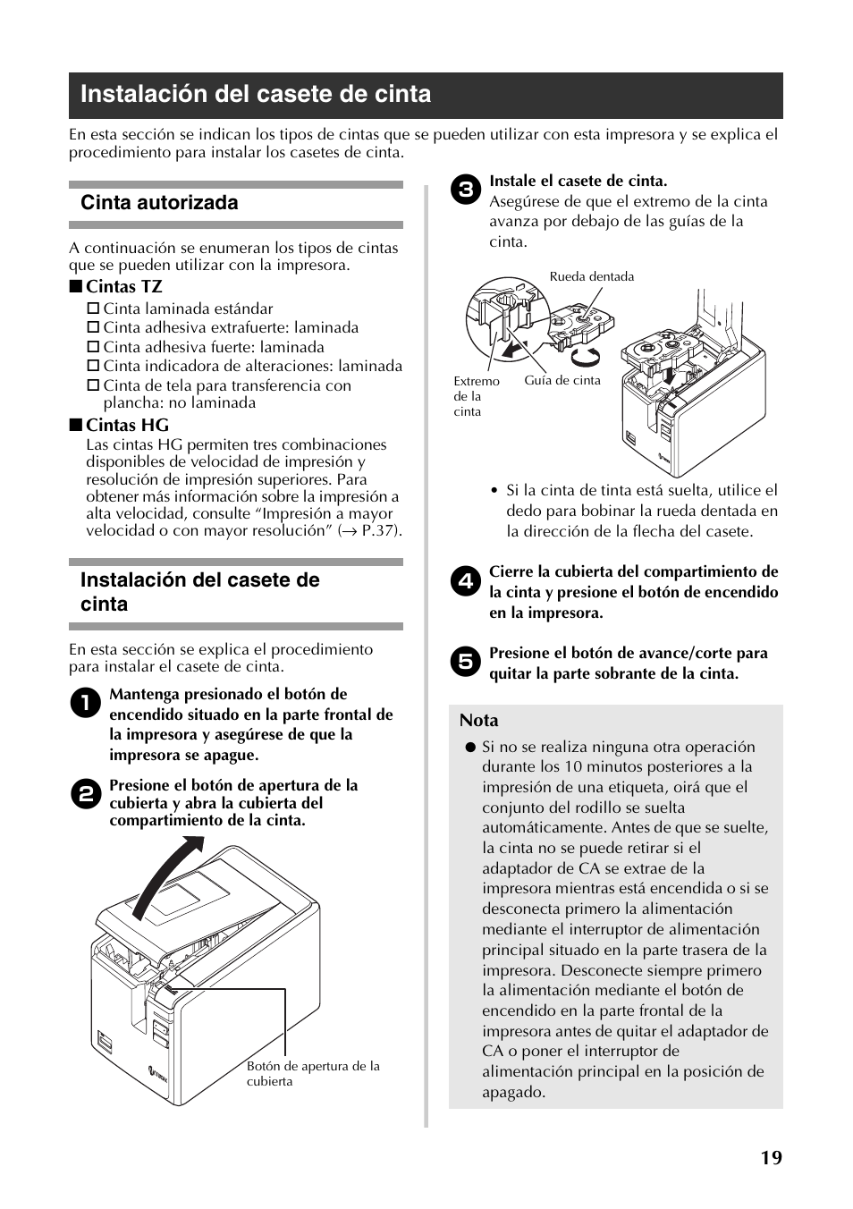 Instalación del casete de cinta, Cinta autorizada, Cinta autorizada instalación del casete de cinta | Brother PT-9700PC User Manual | Page 76 / 118