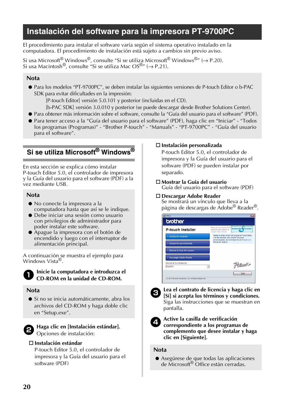 Si se utiliza microsoft® windows, Si se utiliza microsoft, Te “instalación del software para la | Impresora pt-9700pc, P.20) o “i, Windows | Brother PT-9700PC User Manual | Page 77 / 118