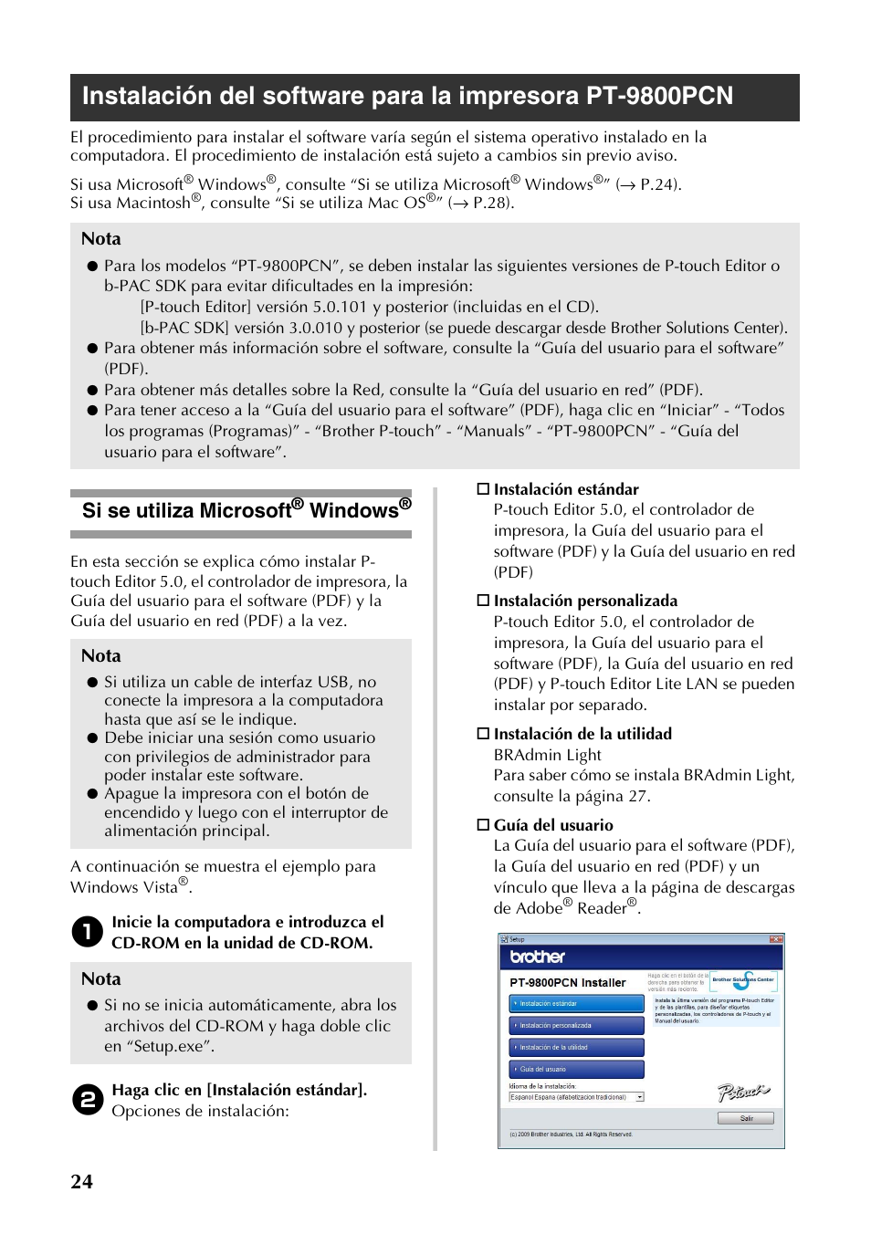 Si se utiliza microsoft® windows, Si se utiliza microsoft, Nstalación del | Software para la impresora pt-9800pcn, P.24), Windows | Brother PT-9700PC User Manual | Page 81 / 118