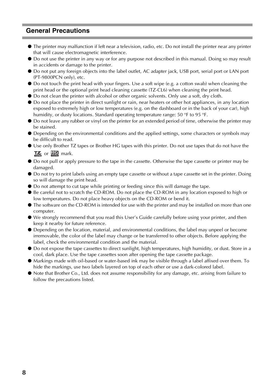 8general precautions | Brother PT-9700PC User Manual | Page 9 / 118