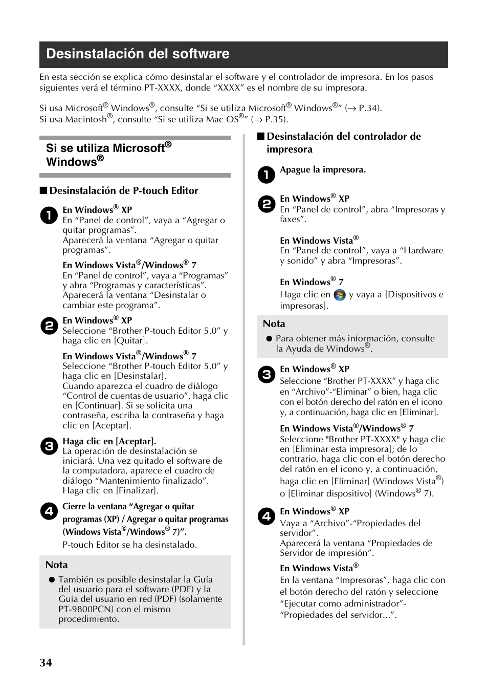 Desinstalación del software, Si se utiliza microsoft® windows, Si se utiliza microsoft | Windows, Desinstalación de p-touch editor, Desinstalación del controlador de impresora, Nota | Brother PT-9700PC User Manual | Page 91 / 118