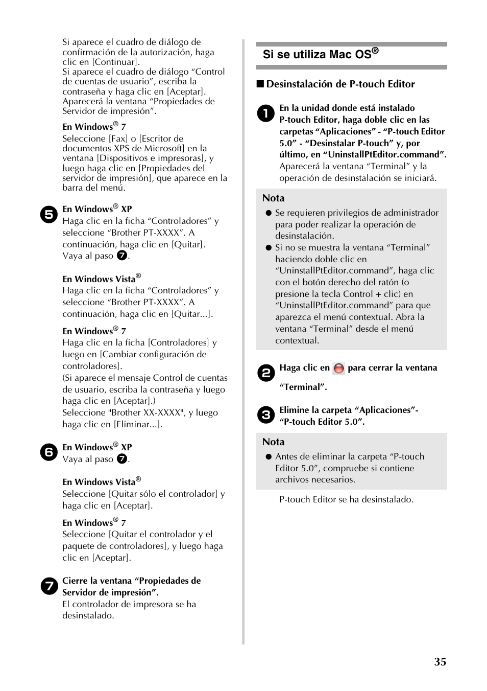 Si se utiliza mac os, P.35), Desinstalación de p-touch editor | Nota | Brother PT-9700PC User Manual | Page 92 / 118