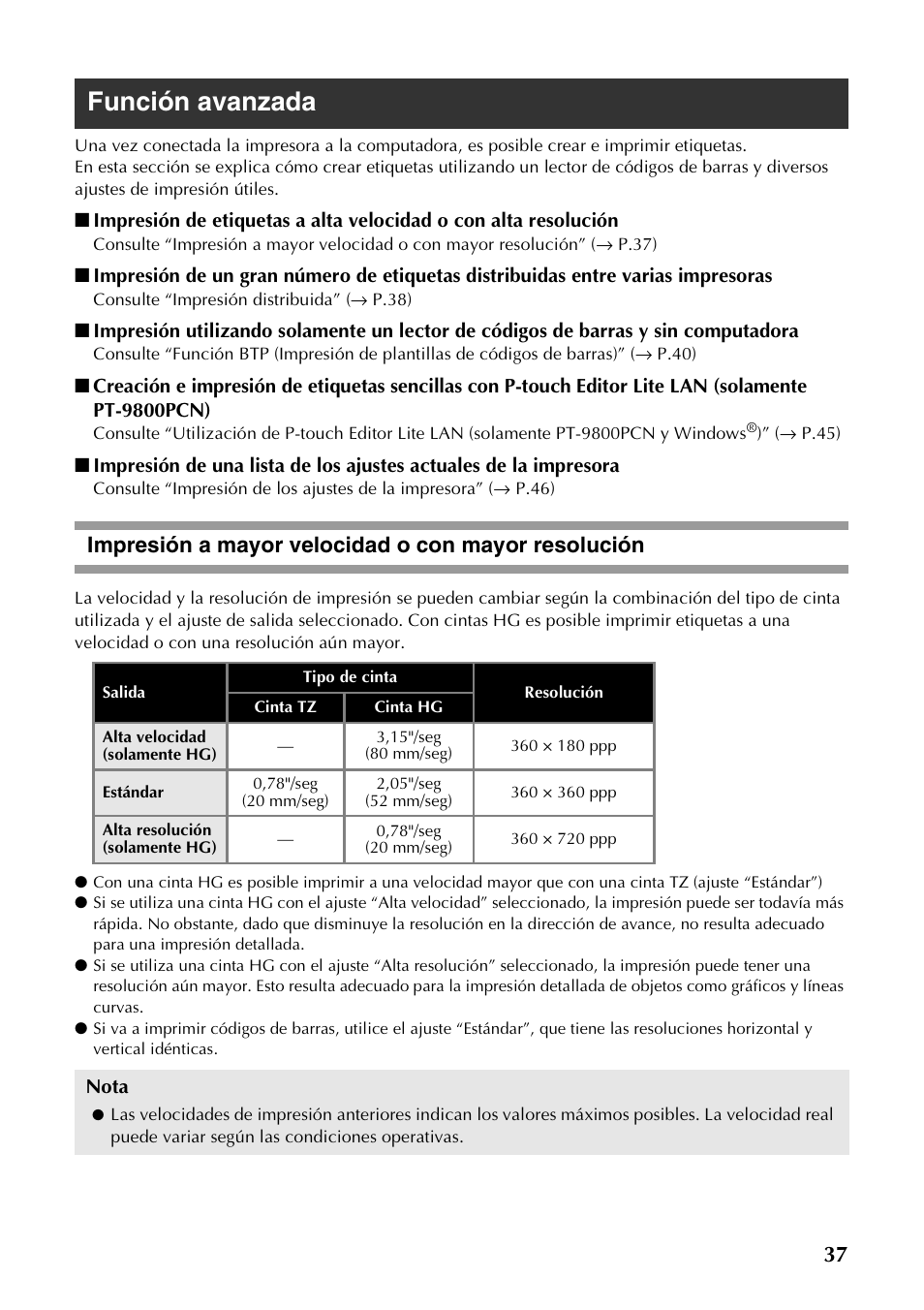 Función avanzada, Impresión a mayor velocidad o con mayor resolución | Brother PT-9700PC User Manual | Page 94 / 118