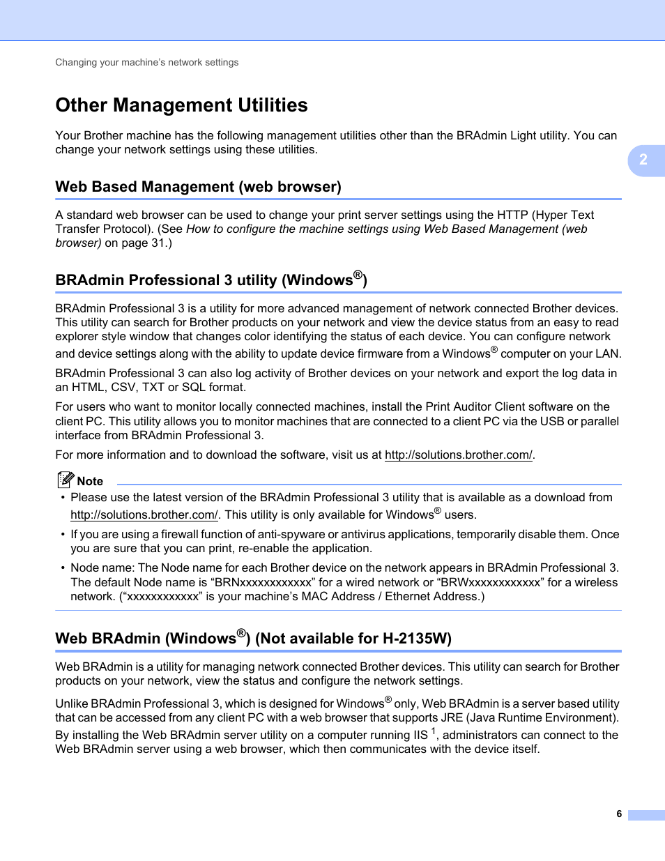 Other management utilities, Web based management (web browser), Bradmin professional 3 utility (windows®) | Web bradmin (windows®) (not available for h-2135w), Web bradmin (windows, Not available for h-2135w), Bradmin professional 3 utility (windows | Brother HL 2270DW User Manual | Page 10 / 47