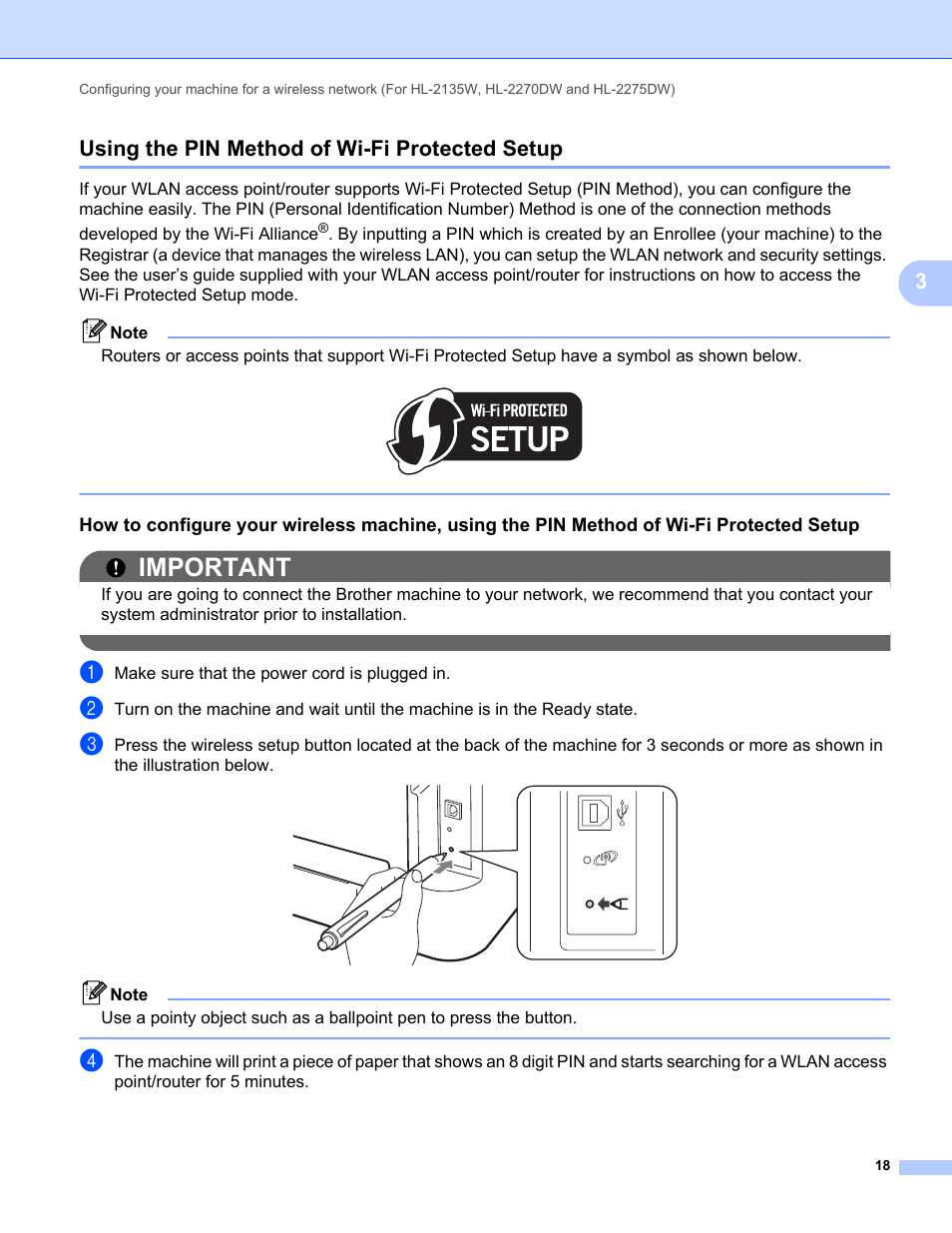 Using the pin method of wi-fi protected setup, Important, 3using the pin method of wi-fi protected setup | Brother HL 2270DW User Manual | Page 22 / 47
