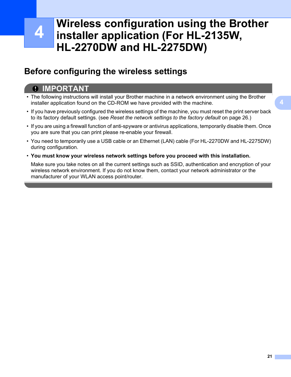 Before configuring the wireless settings, Important | Brother HL 2270DW User Manual | Page 25 / 47