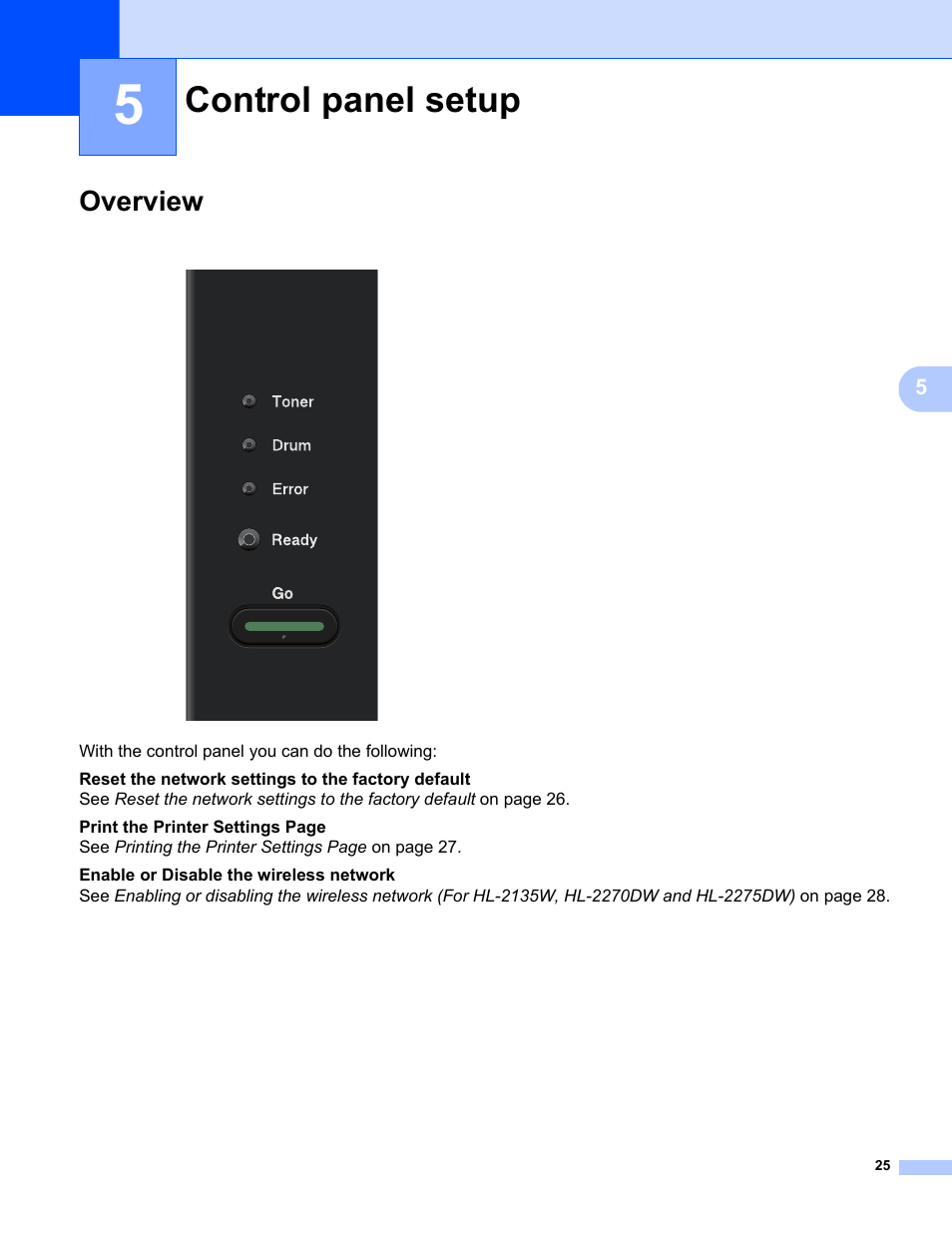 5 control panel setup, Overview, Control panel setup | Brother HL 2270DW User Manual | Page 29 / 47