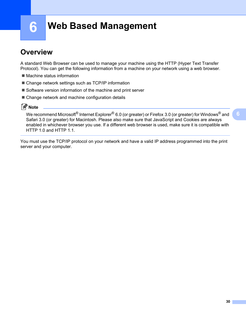6 web based management, Overview, Web based management | Brother HL 2270DW User Manual | Page 34 / 47