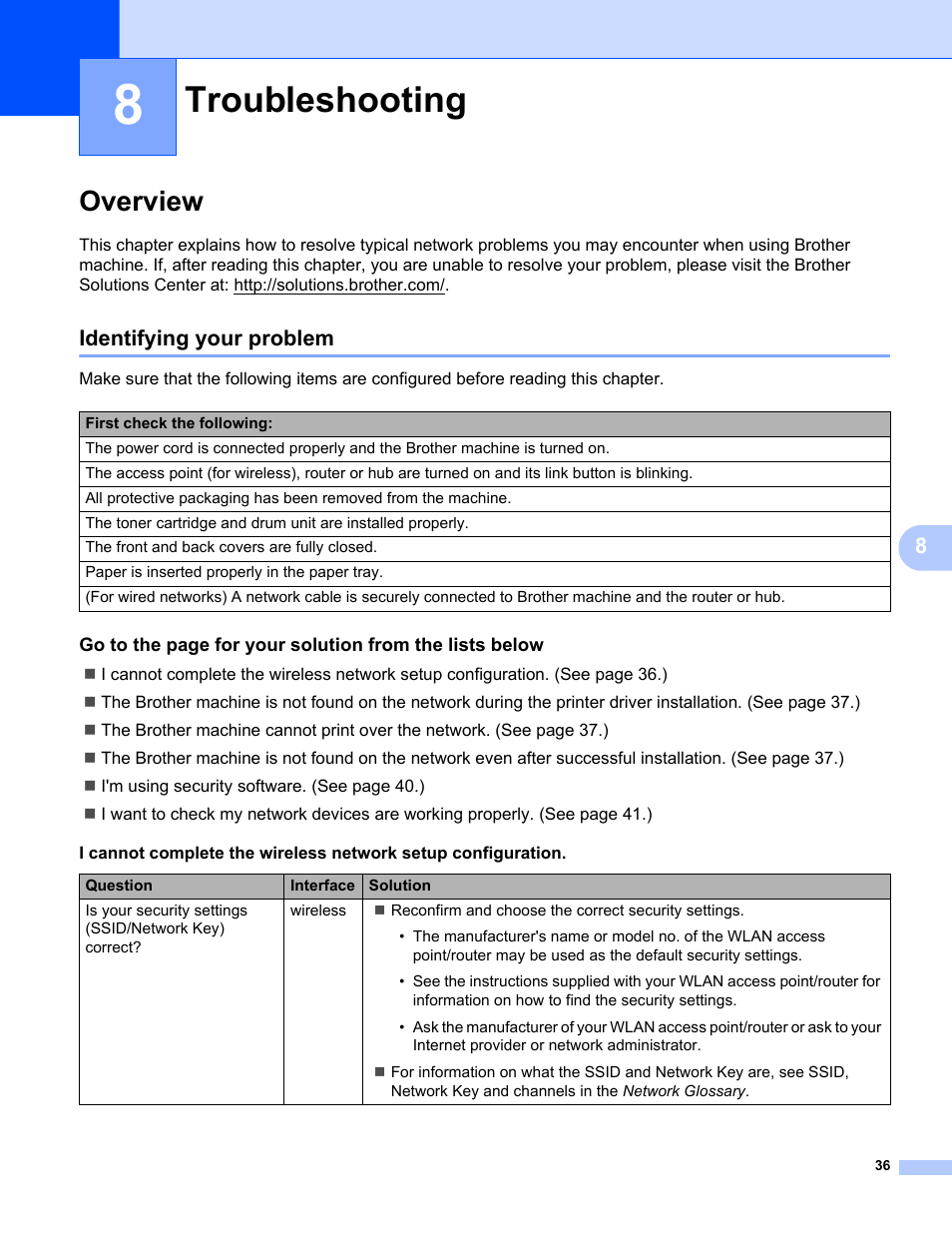 8 troubleshooting, Overview, Identifying your problem | Troubleshooting | Brother HL 2270DW User Manual | Page 40 / 47