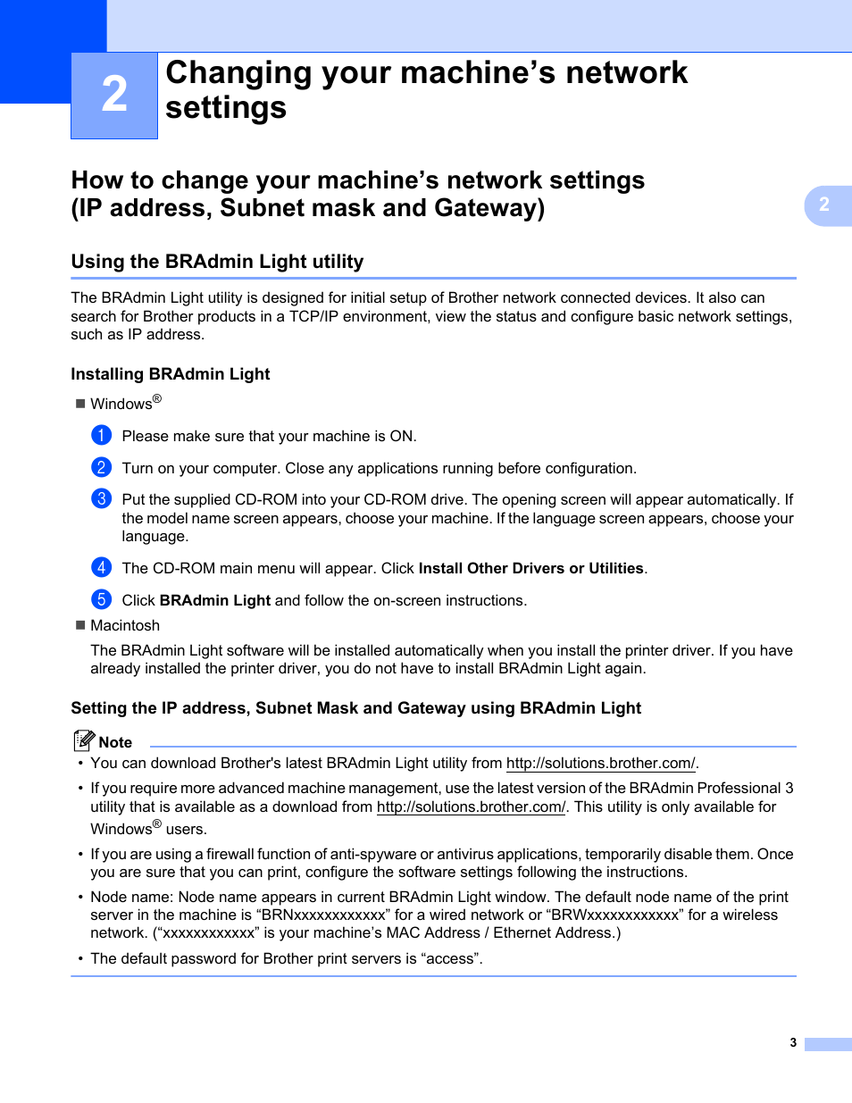 2 changing your machine’s network settings, Using the bradmin light utility, Installing bradmin light | Changing your machine’s network settings | Brother HL 2270DW User Manual | Page 7 / 47