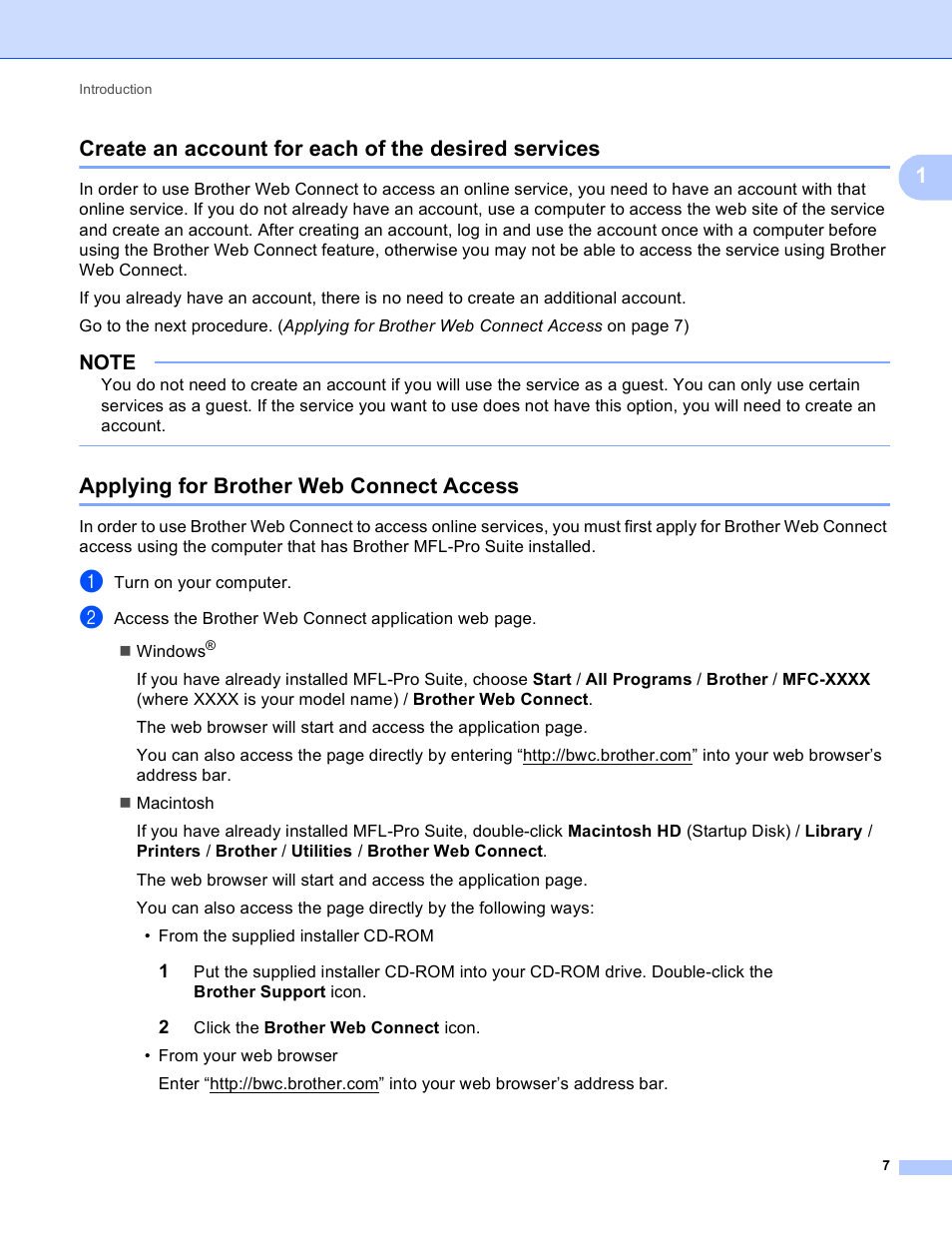 Create an account for each of the desired services, Applying for brother web connect access | Brother MFC-J835DW User Manual | Page 10 / 33