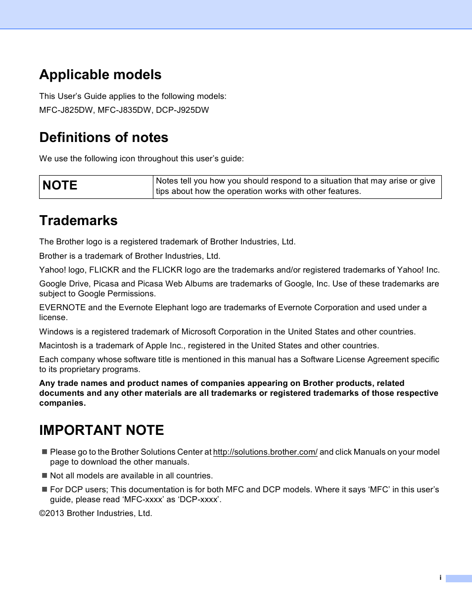Applicable models, Definitions of notes, Trademarks | Important note | Brother MFC-J835DW User Manual | Page 2 / 33