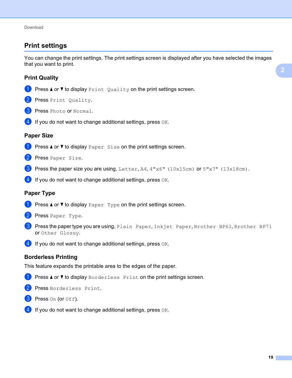 Print settings, Print quality, Paper size | Paper type, Borderless printing, 2print settings | Brother MFC-J835DW User Manual | Page 22 / 33