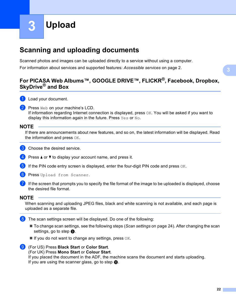 3 upload, Scanning and uploading documents, Upload | For picasa web albums™, google drive™, flickr, Facebook, dropbox, skydrive, And box | Brother MFC-J835DW User Manual | Page 25 / 33
