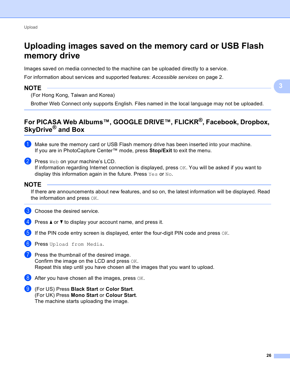 For picasa web albums™, google drive™, flickr, Facebook, dropbox, skydrive, And box | Brother MFC-J835DW User Manual | Page 29 / 33