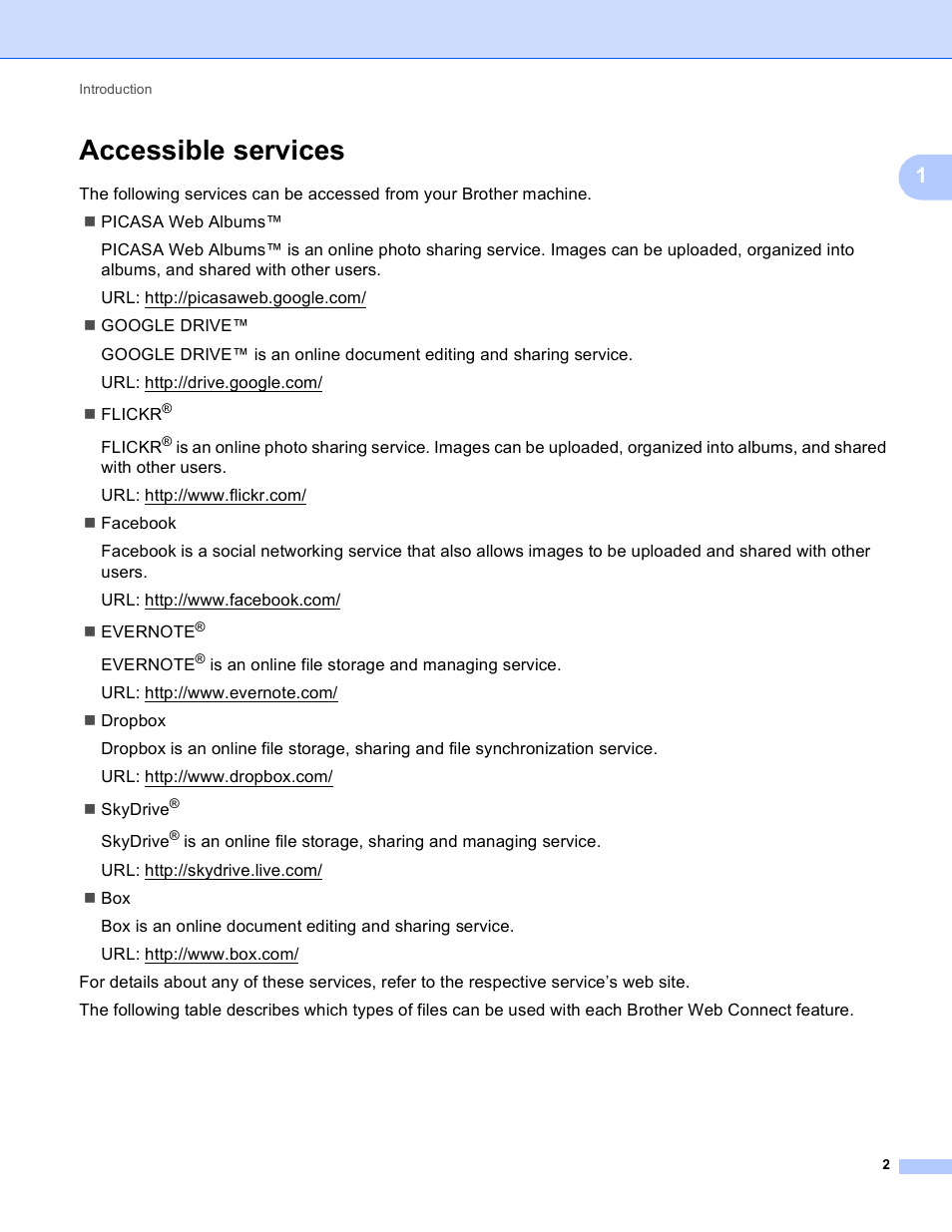 Accessible services | Brother MFC-J835DW User Manual | Page 5 / 33