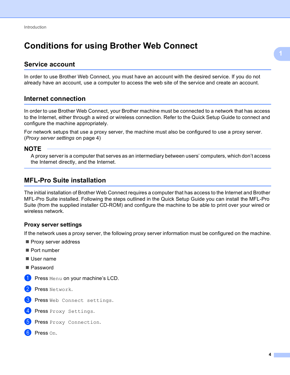 Conditions for using brother web connect, Service account, Internet connection | Mfl-pro suite installation, Proxy server settings | Brother MFC-J835DW User Manual | Page 7 / 33