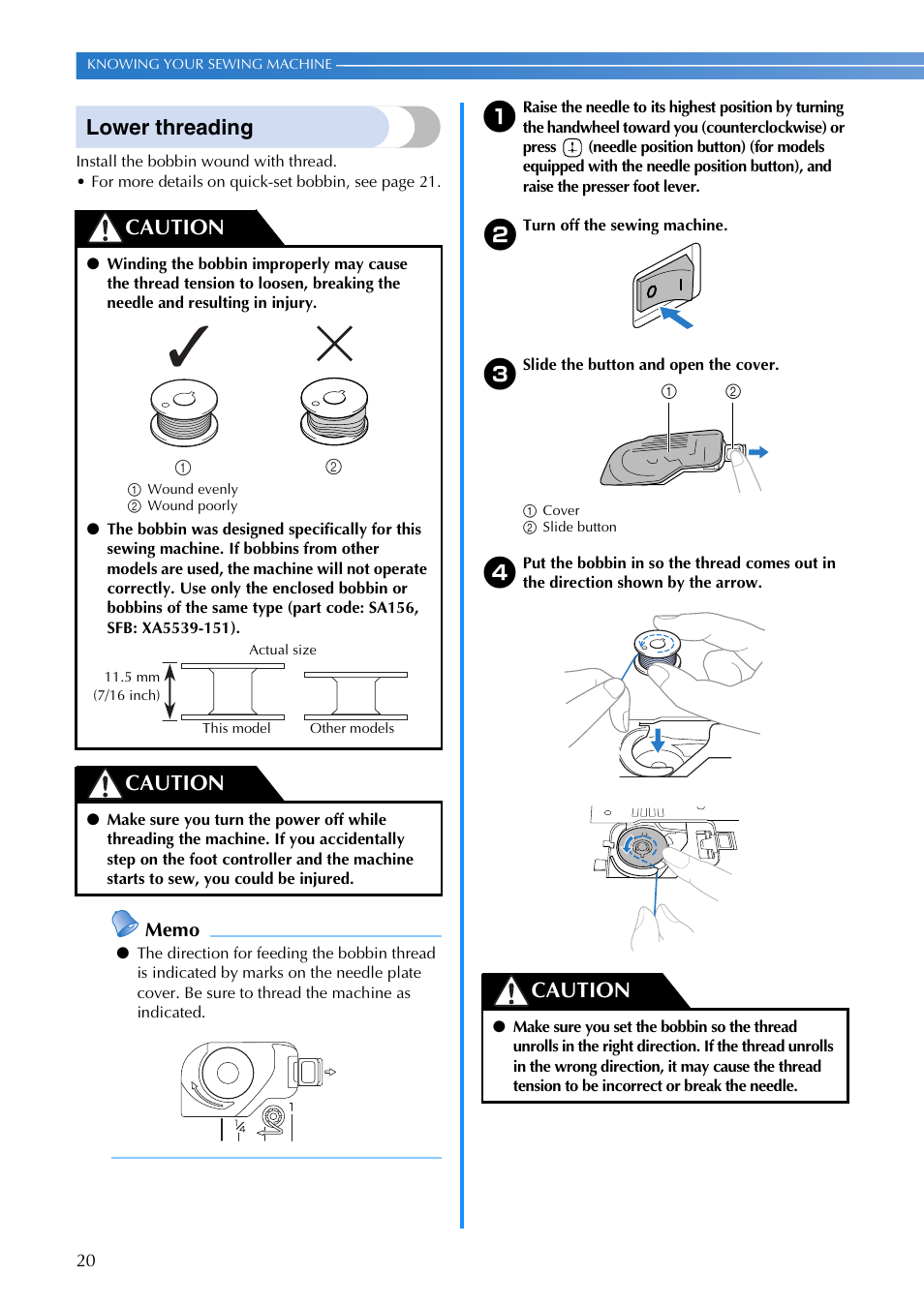 Lower threading, Caution | Brother CE8080 CE8080PRW User Manual | Page 22 / 104