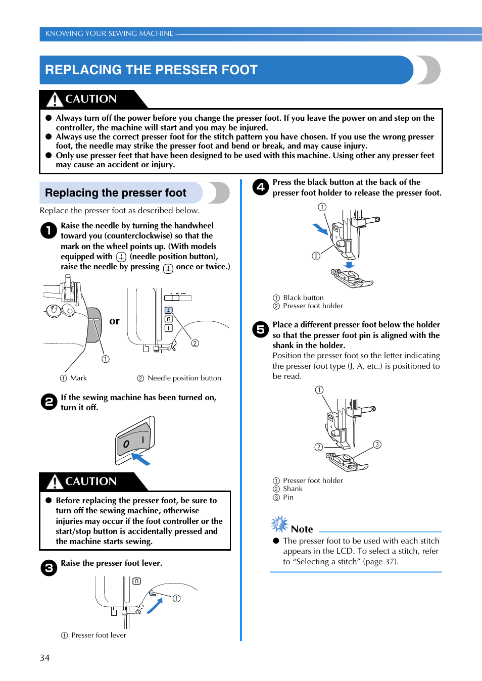 Replacing the presser foot, Caution, Or caution | Brother CE8080 CE8080PRW User Manual | Page 36 / 104