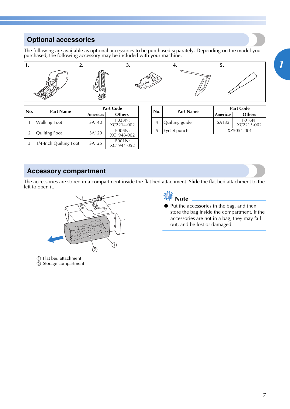 Optional accessories, Accessory compartment | Brother CE8080 CE8080PRW User Manual | Page 9 / 104