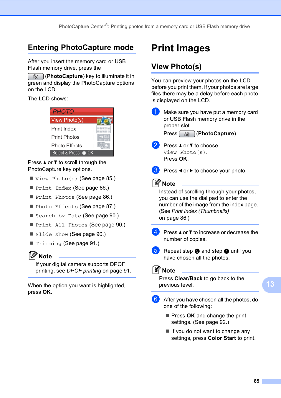 Entering photocapture mode, Print images, View photo(s) | 13 entering photocapture mode | Brother MFC-465CN User Manual | Page 101 / 192