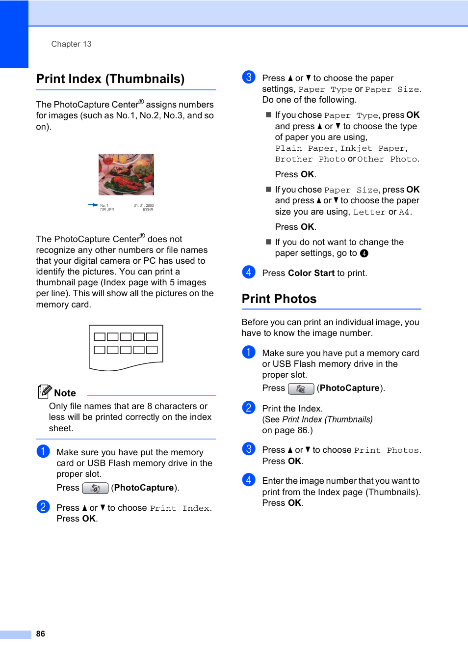 Print index (thumbnails), Print photos, Print index (thumbnails) print photos | Brother MFC-465CN User Manual | Page 102 / 192