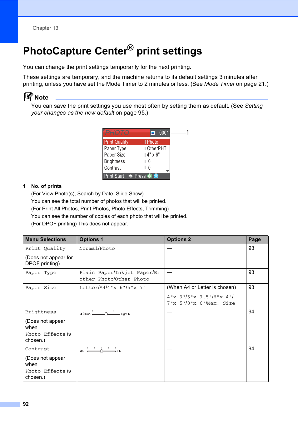 Photocapture center® print settings, Photocapture center, Print settings | Photo | Brother MFC-465CN User Manual | Page 108 / 192