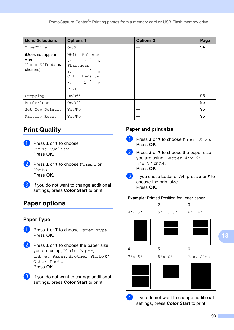 Print quality, Paper options, Paper type | Paper and print size, Print quality paper options, 13 print quality | Brother MFC-465CN User Manual | Page 109 / 192