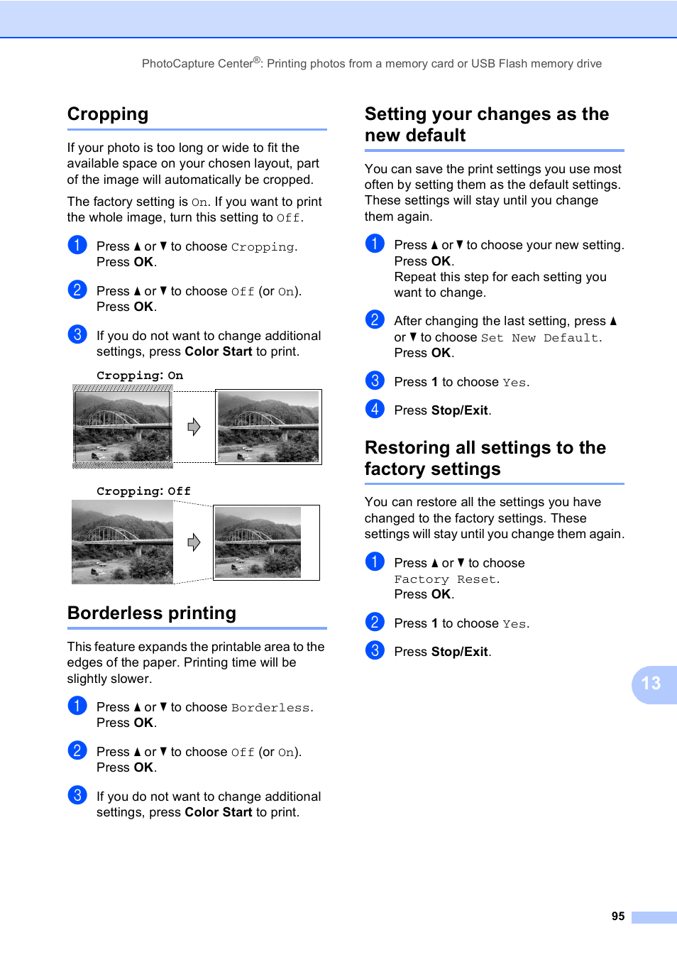 Cropping, Borderless printing, Setting your changes as the new default | Restoring all settings to the factory settings, 13 cropping | Brother MFC-465CN User Manual | Page 111 / 192