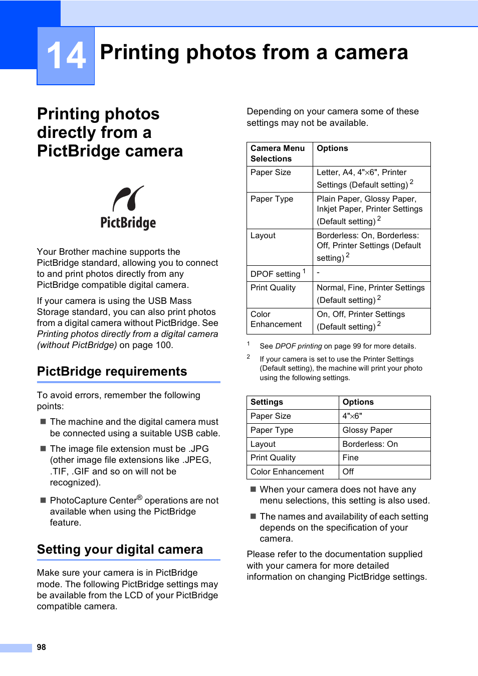 14 printing photos from a camera, Printing photos directly from a pictbridge camera, Pictbridge requirements | Setting your digital camera, Printing photos from a camera | Brother MFC-465CN User Manual | Page 114 / 192