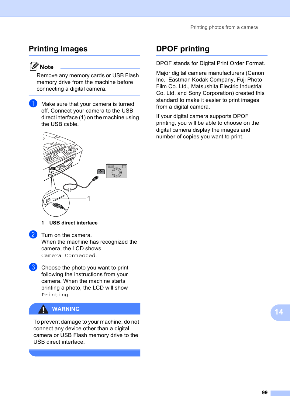 Printing images, Dpof printing, Printing images dpof printing | 14 printing images | Brother MFC-465CN User Manual | Page 115 / 192