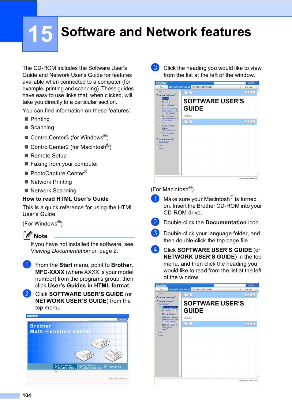 15 software and network features, Software and network features | Brother MFC-465CN User Manual | Page 120 / 192