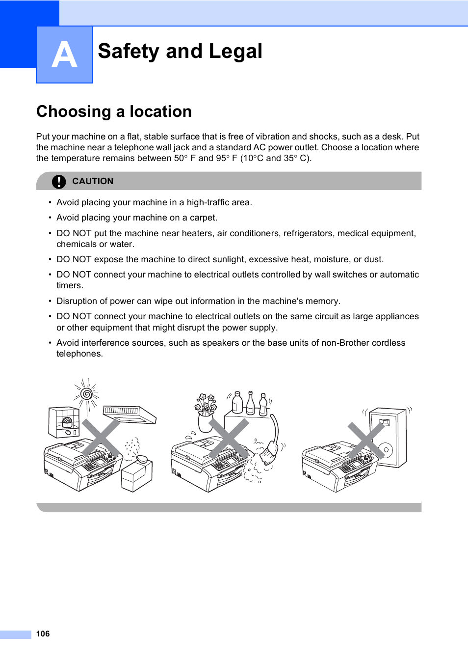 A safety and legal, Choosing a location, Safety and legal | Brother MFC-465CN User Manual | Page 122 / 192