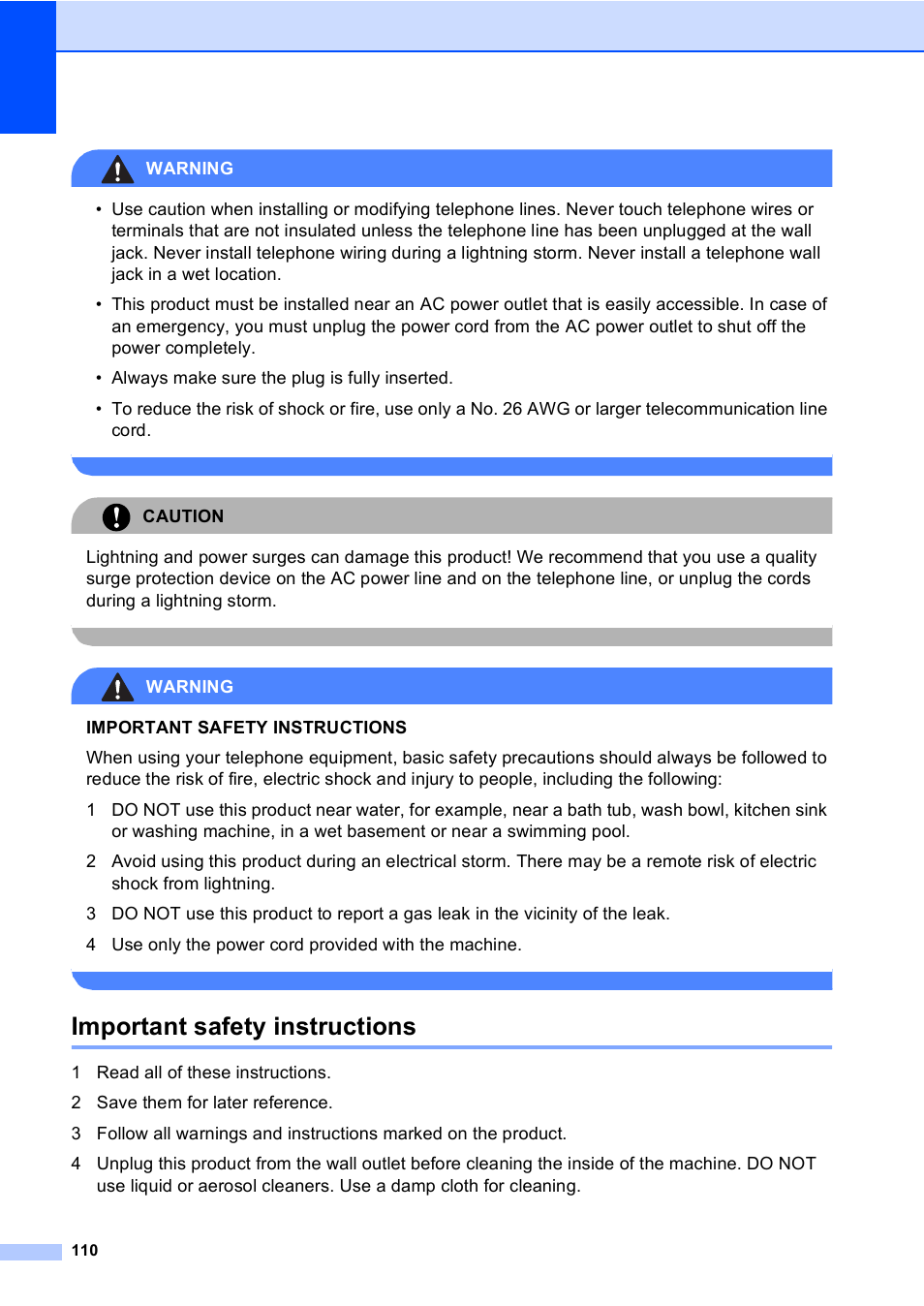 Important safety instructions | Brother MFC-465CN User Manual | Page 126 / 192