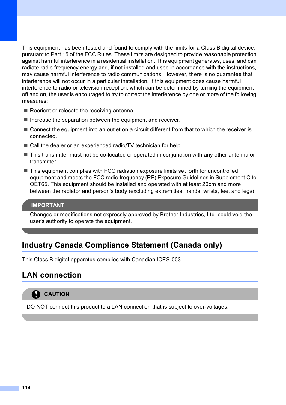 Industry canada compliance statement (canada only), Lan connection | Brother MFC-465CN User Manual | Page 130 / 192